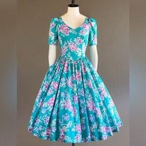 Laura Ashley prairie Floral Teal Dress with Pink and Purple Accents puff sleeves